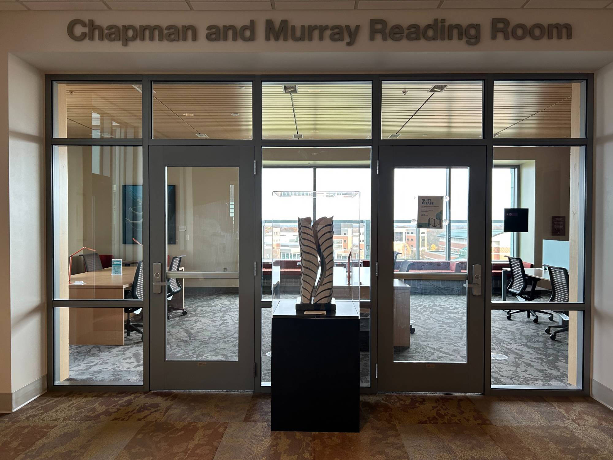 Sculpture displayed inside the Mary Idema Pew Library